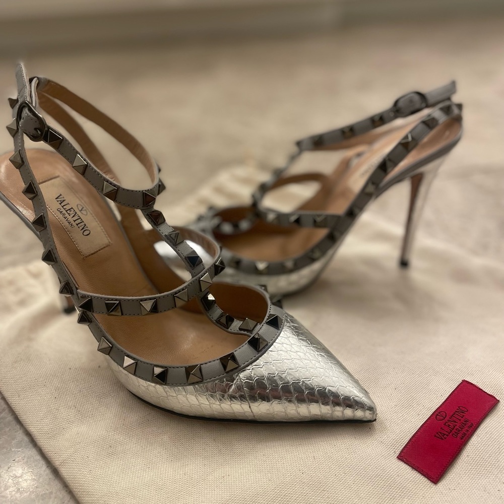 Valentino Silver Metallic Rockstud Strappy Pointed-Toe Pumps